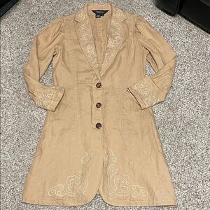 100% linen Beige Embroidered ribbon accent Long Coat - Three-Button Front